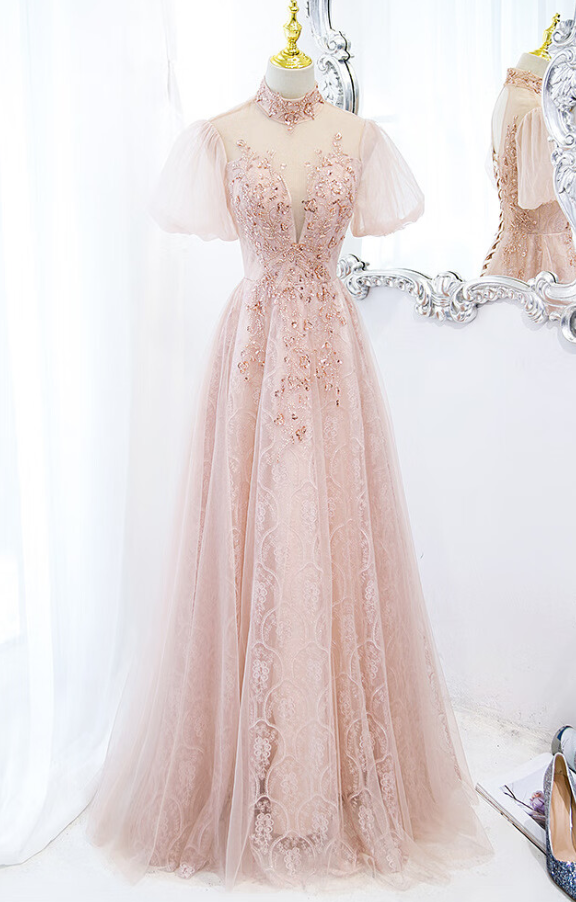 Prom Dresses,pink Evening Gowns Long Temperament Slim Seven Sleeve Dresses