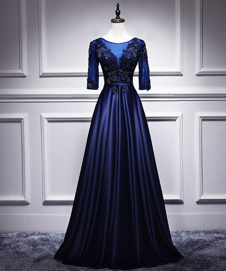 Prom Dresses,High-End Evening Dresses Dark Blue Satin Long Temperament Upscale Banquet Dinner Dresses