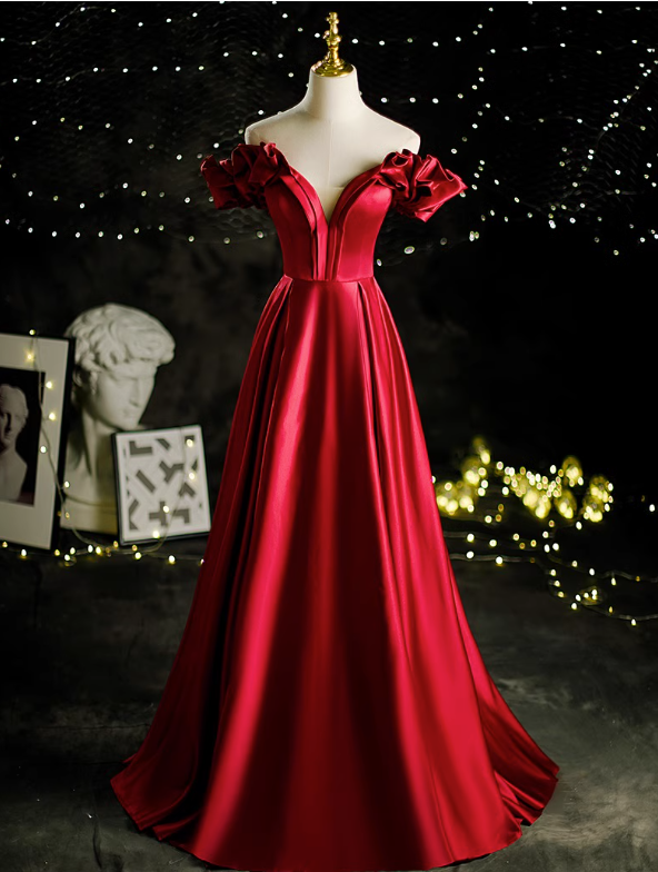 Prom Dresses, Burgundy Satin Strapless Evening Gowns Elegant And Atmospheric
