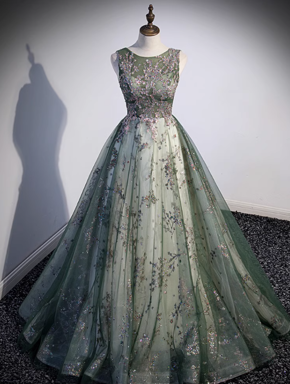 Prom Dresses, Noble And Elegant Evening Gowns Green Applique Shiny Banquet Dresses
