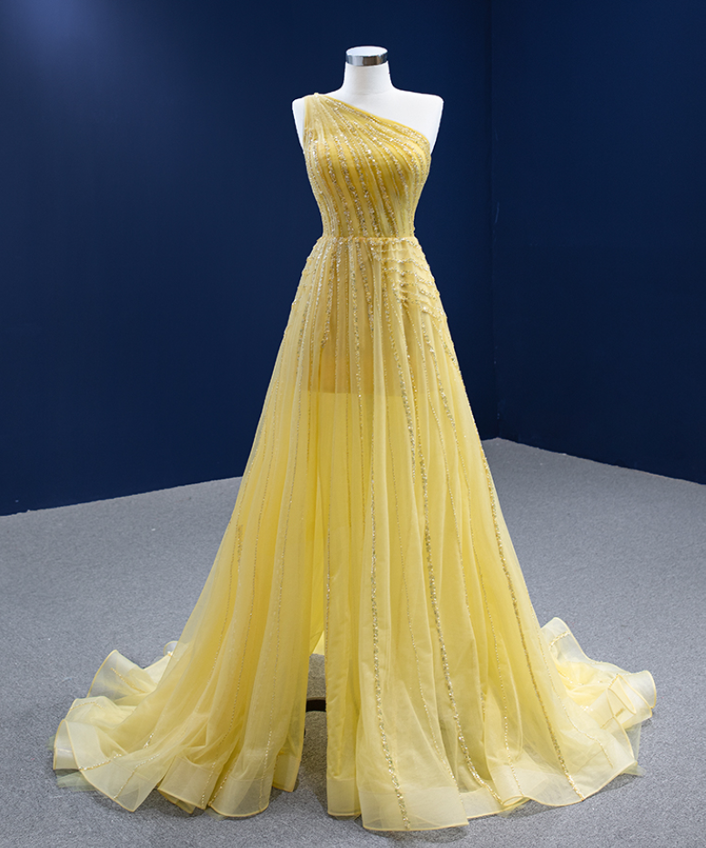 Prom Dresses, Yellow Temperament Celebrity Gowns One Shoulder Party Dresses Sparkling Business Banquet Dresses