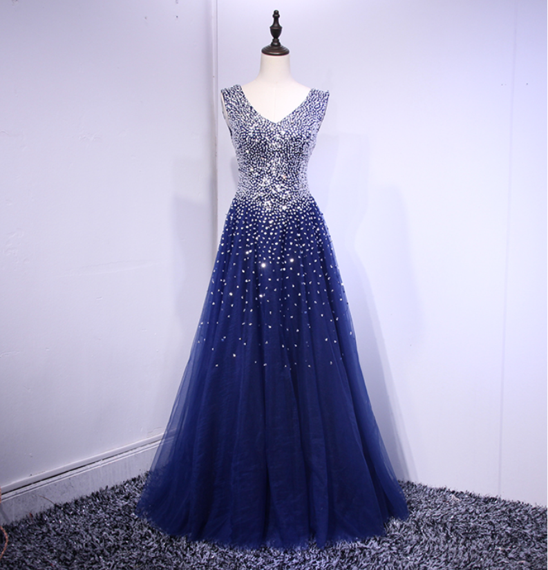 Prom Dresses, Evening Gowns Navy Blue Long Double Shoulder Slim Party Dresses