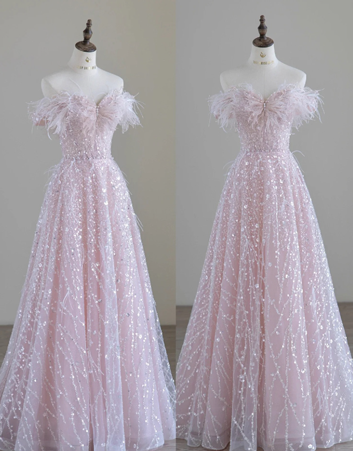 Prom Dresses, Pink Feather Evening Gowns Fashion One Neck Temperament Celebrity Banquet Dresses