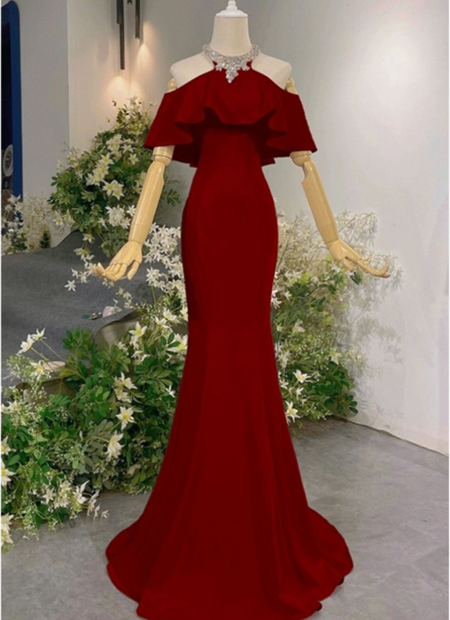 Prom Dresses,burgundy Chiffon Banquet Gowns Fishtail Slim Strapless Fashion Dresses