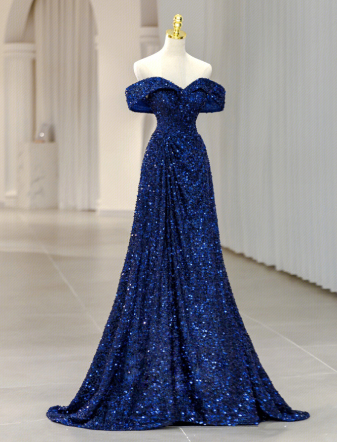 Prom Dresses,one Neck Evening Gowns Premium Sequins Blue Party Dresses