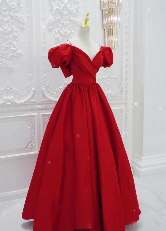 Prom Dresses,princess Red Prom Dress Long With Short Puffy Sleeve Formal Evening Gown Women Elegant