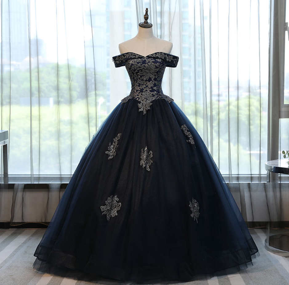 Prom Dresses,fashion Long Navy Blue Tulle Ball Gown Quinceanera Dress With Gold Lace Women Party Gowns