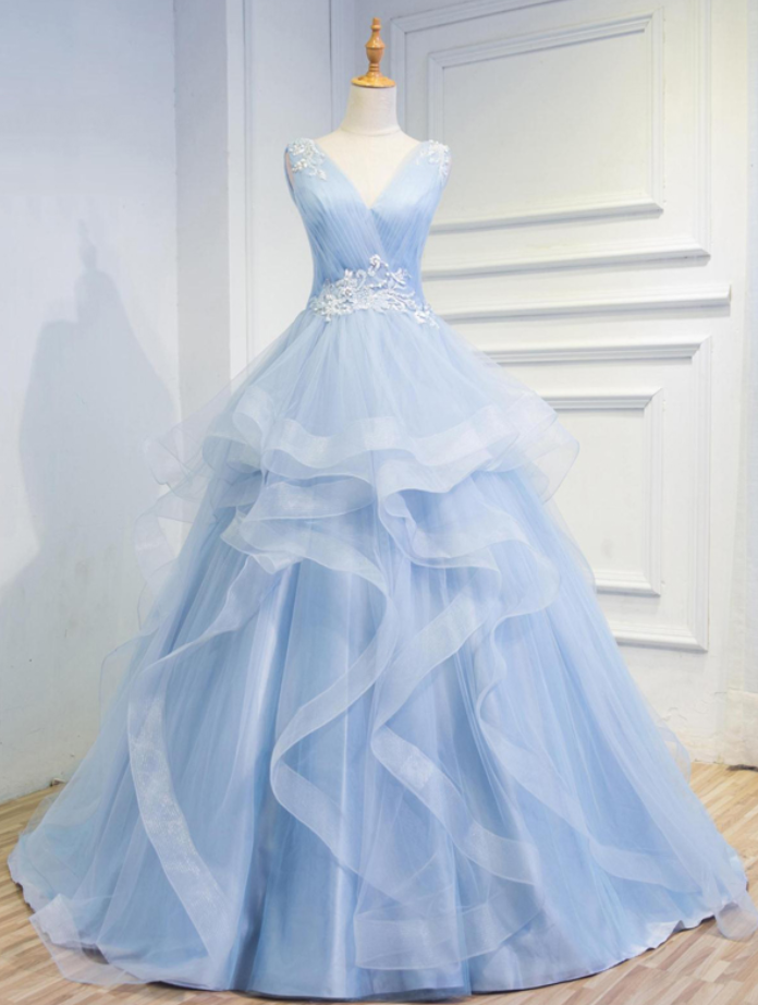 Prom Dresses,wedding Dresses,fairy Tale Sky Blue Tulle V Neck Wedding Dresses,appliques Sleeveless