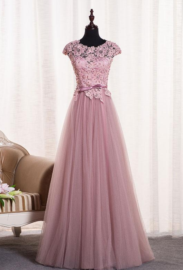 Prom Dresses,pink Round Neck Tulle Lace Applique Long Prom Dress, Tulle Evening Dress
