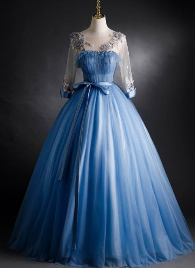 Prom Dresses, Blue Tulle Long Sleeve Formal Gowns, Floral Lace Appliques, Blue Sweetheart Birthday Gowns
