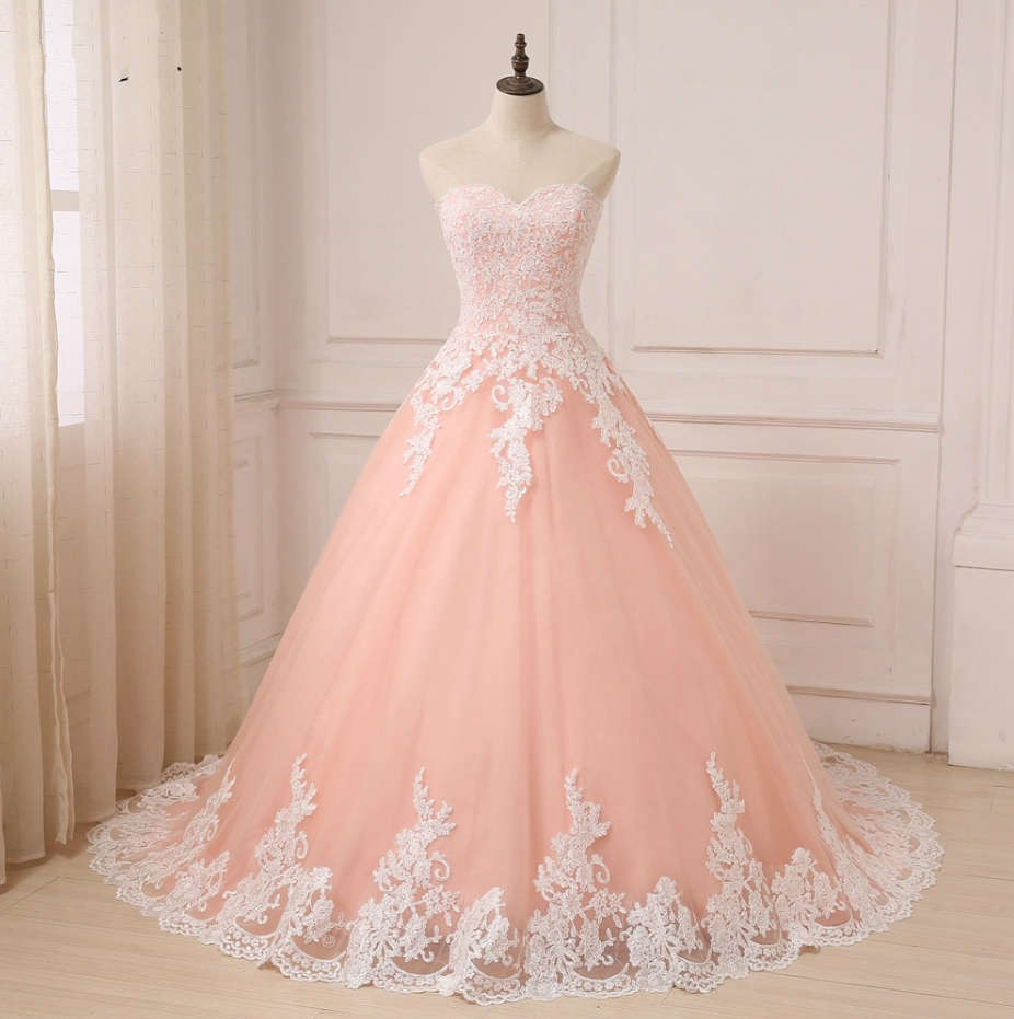 Prom Dresses,wedding Dresses Coral Sweetheart Sleeveless Tulle Wedding Gowns Ball Gown With White Applique
