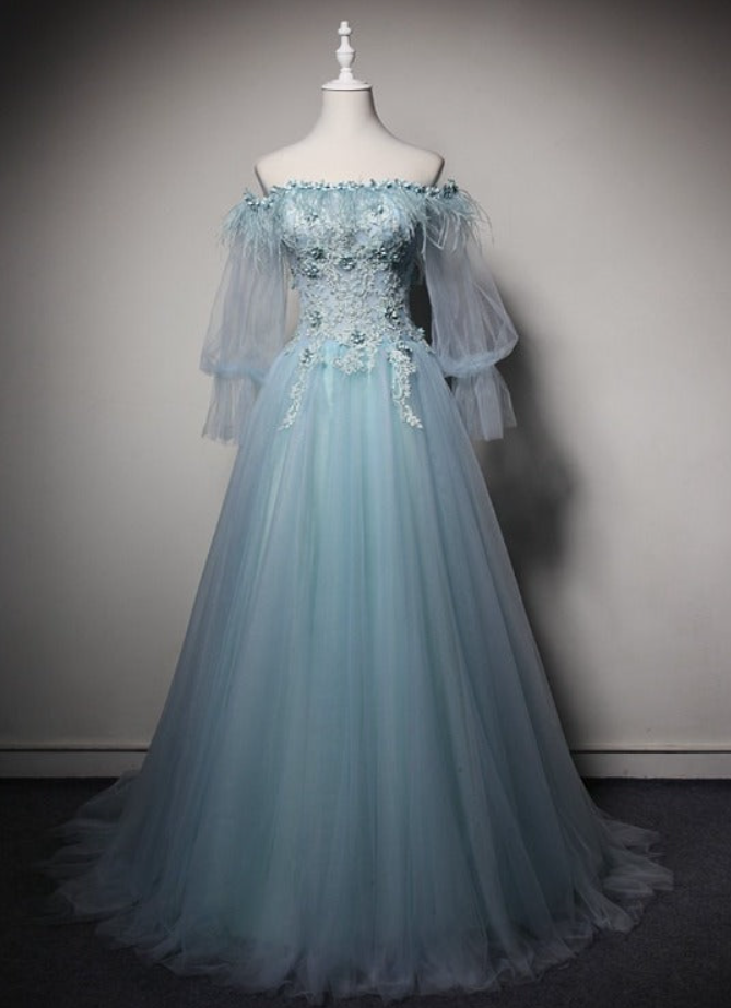 Prom Dresses,light Blue Off Shoulder Long Sleeves Tulle Party Dress With Lace, A-line Blue Formal Dresses