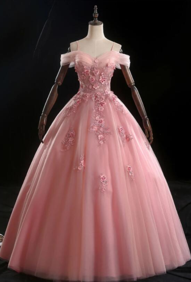 Prom Dresses,pink Tulle A-line Lace Applique Banquet Gowns Party Dresses