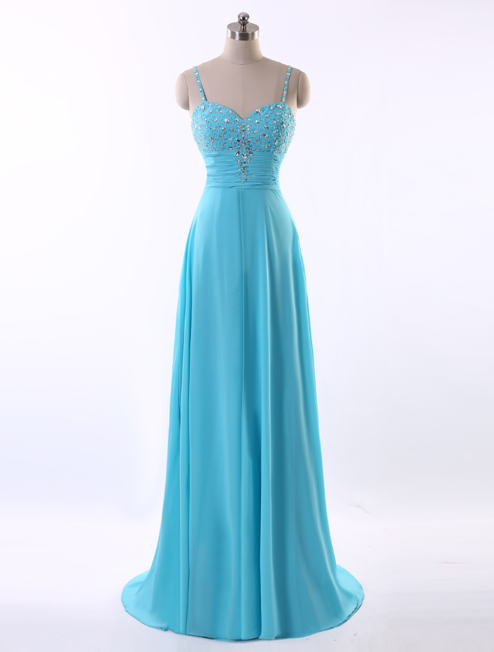 Prom Dresses,blue Long Evening Dresses Sexy Beaded A-line Chiffon Evening Dresses Bridesmaid Dresses