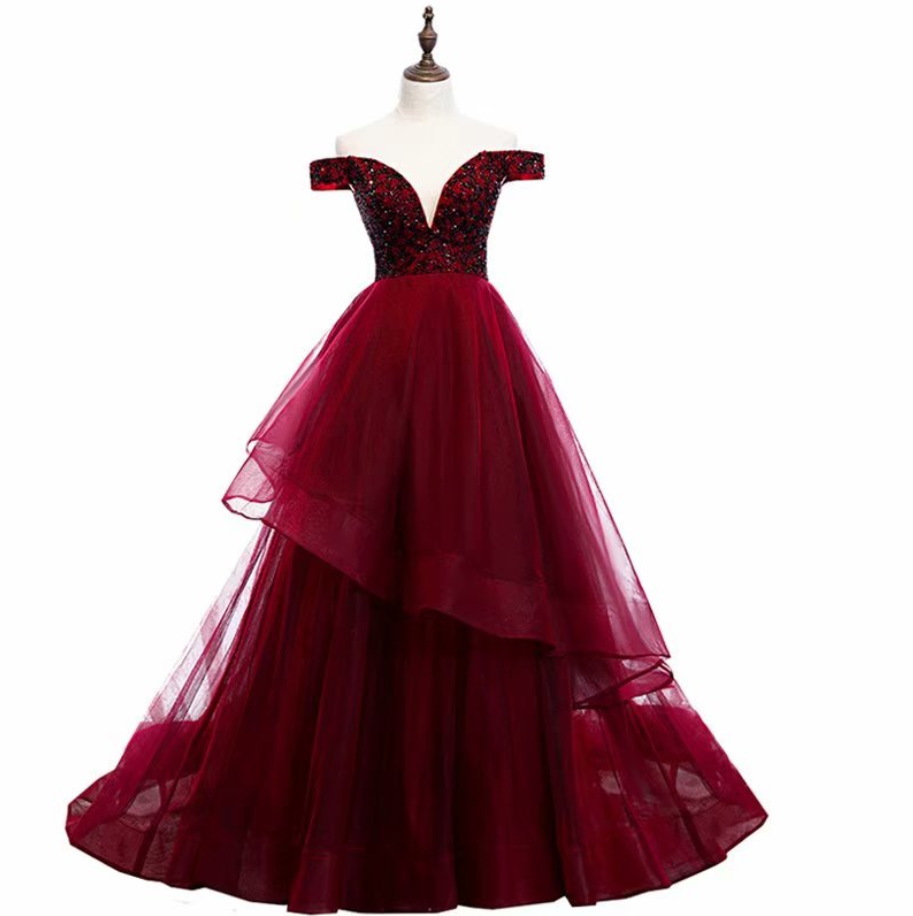Prom Dresses,charming Burgundy Prom Dresses Long Women's Sexy A-line Tulle Lace Applique Floor Length Evening Party Gowns