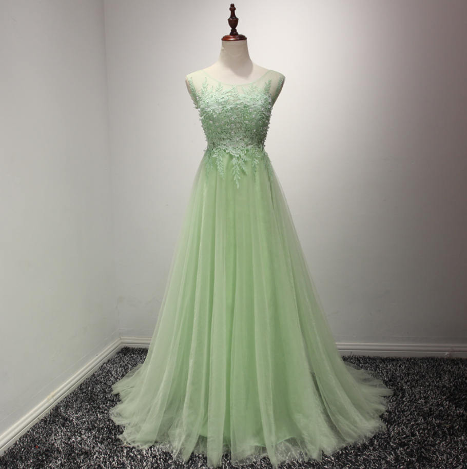 Prom Dresses,elegant Mint Green Tulle Gowns Lace Applique Party Dresses