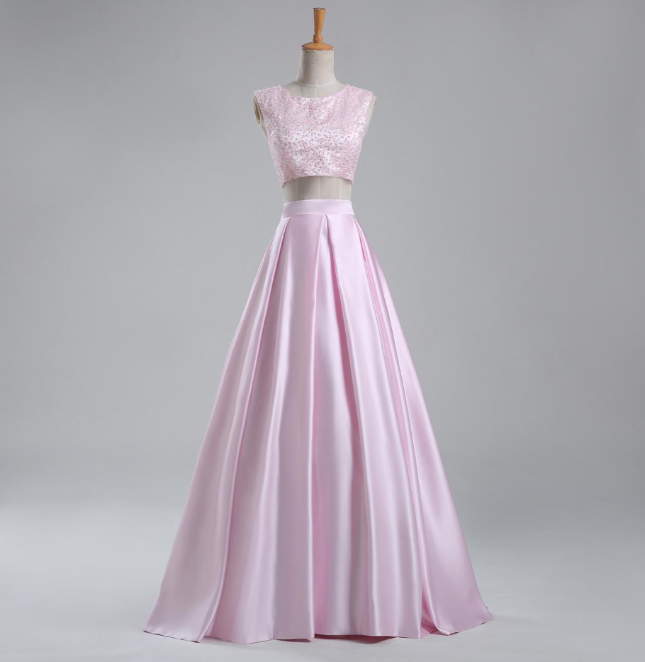 Prom Dresses,pink Beaded Prom Dresses Elegant And Exquisite 2-piece Satin Party Dresses
