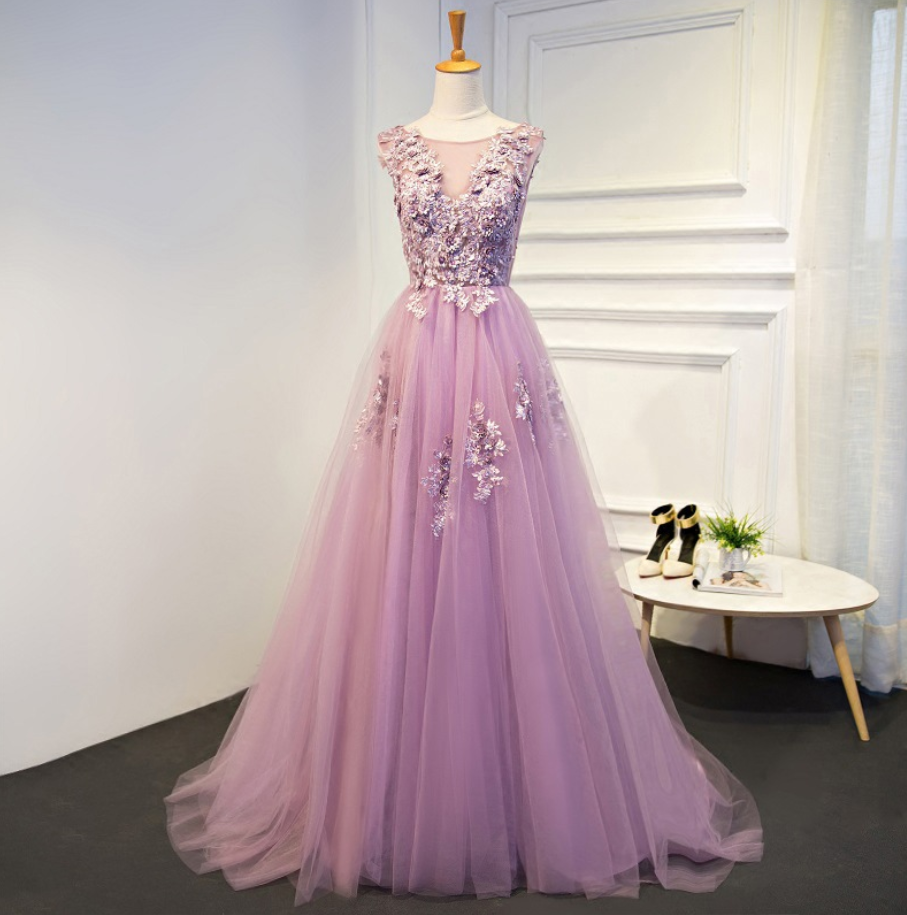Prom Dresses,pink Evening Dress,sleeveless Prom Dress,applique Formal Dress