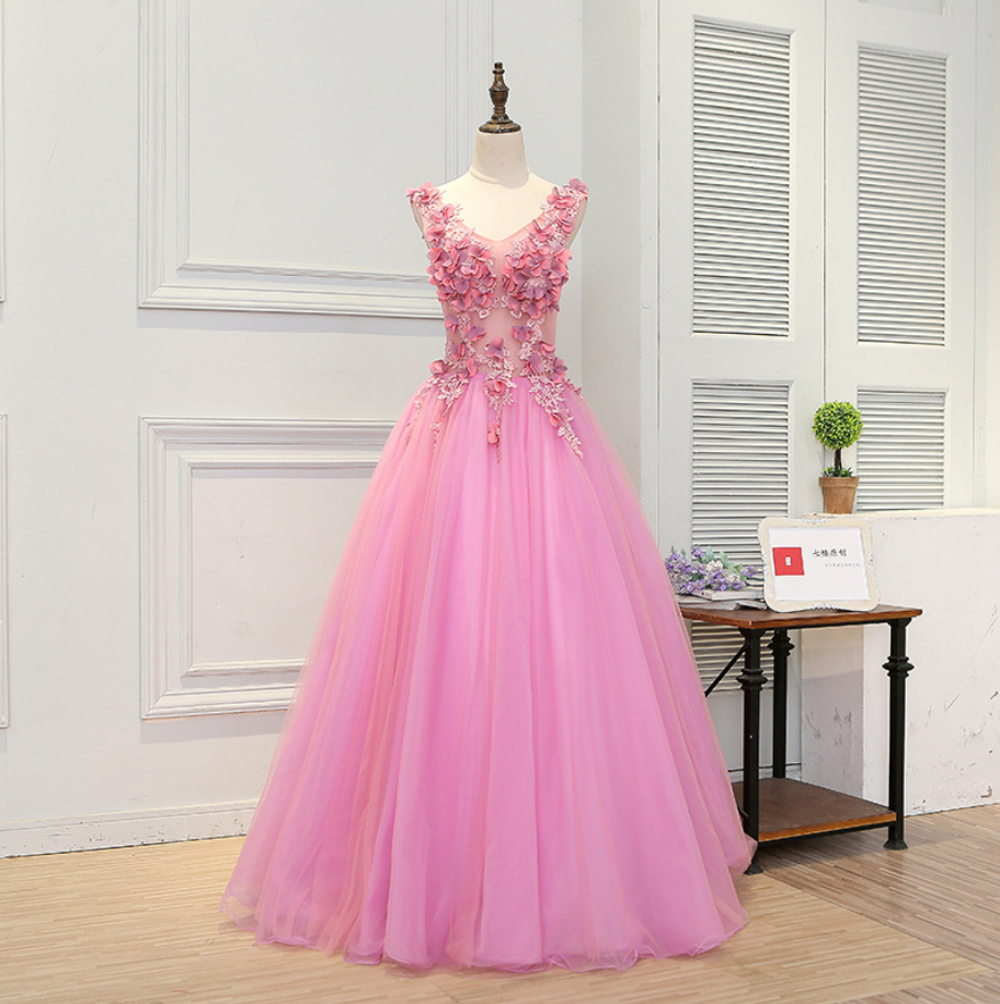 Prom Dresses,v Neck Tulle Party Dresses Sweetheart Pink Applique Evening Gowns