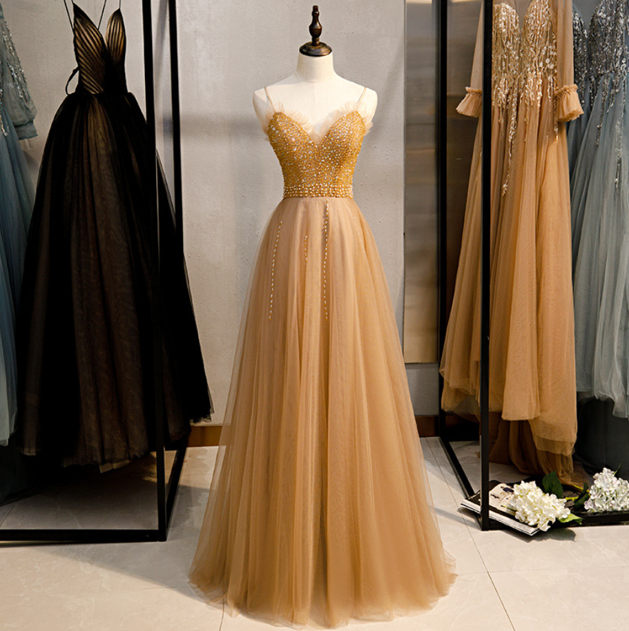Prom Dresses,backless Tulle Birthday Party Dresses Gold Sexy Beaded Long Gowns
