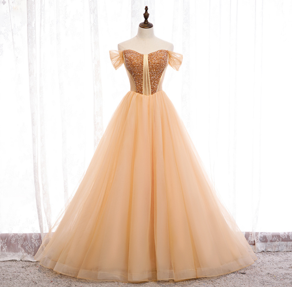 Prom Dresses,luxury Wedding Champagne Color Strapless Evening Gowns Fairy Party Dresses