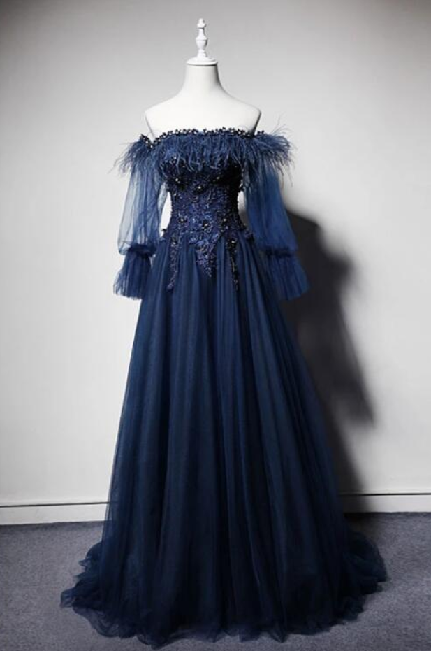 Prom Dresses,dark Blue Off Shoulder Tulle Long Prom Dress, Blue Evening Dress