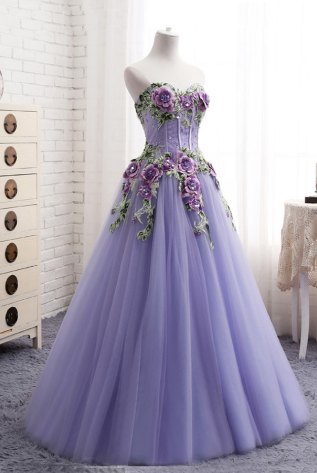 Prom Dresses,sweetheart Lavender Tulle Long 3d Flower Evening Dress, Senior Prom Dress