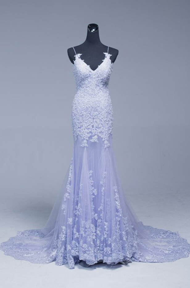 Prom Dresses,lavender Lace Appliques Beading Long Mermaid Evening Dress