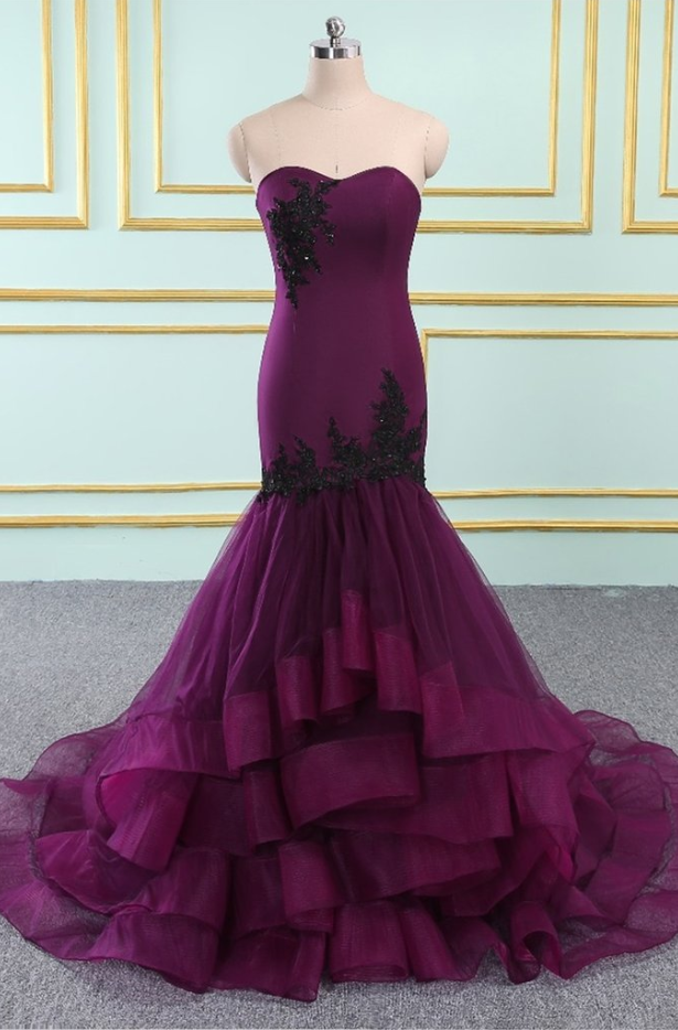 Prom Dresses，sweetheart Neck Purple Organza Long Mermaid Layered Evening Dress