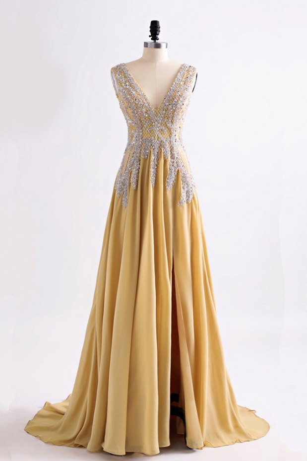 Prom Dresses,yellow Chiffon V Neck Long Split Back Evening Sequins Long Party Dresses