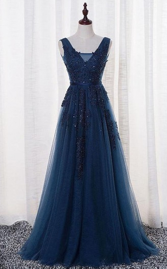 Prom Dresses,elegant Tulle Prom Dress Lace Prom Dress Navy Blue Long Prom Dress With Open Back Formal Dresses Woman Evening Dress