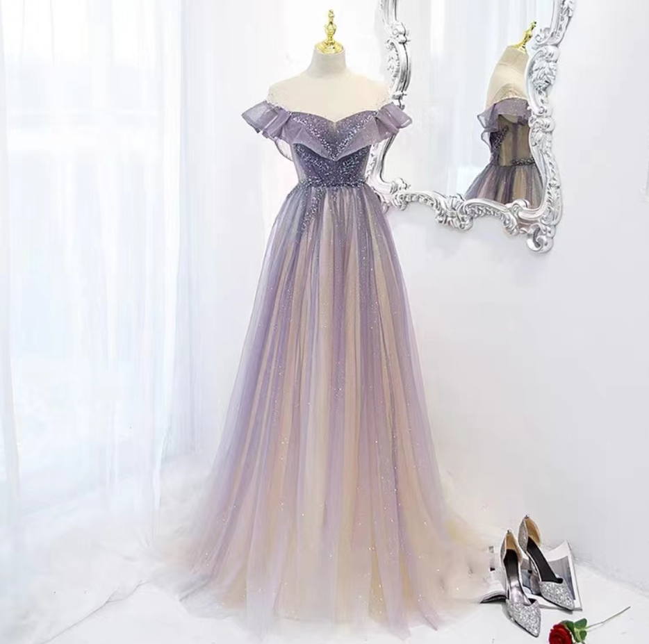 Prom Dresses,heavy Nail Bead Gradient Color Off Shoulder Tulle Dress Purple Long Prom Dress