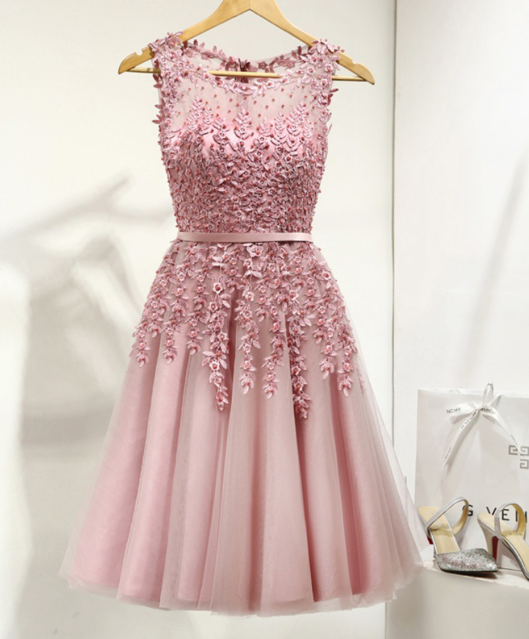 Homecoming Dresses, Cute Pink Lace Applique Short Saree Dresses