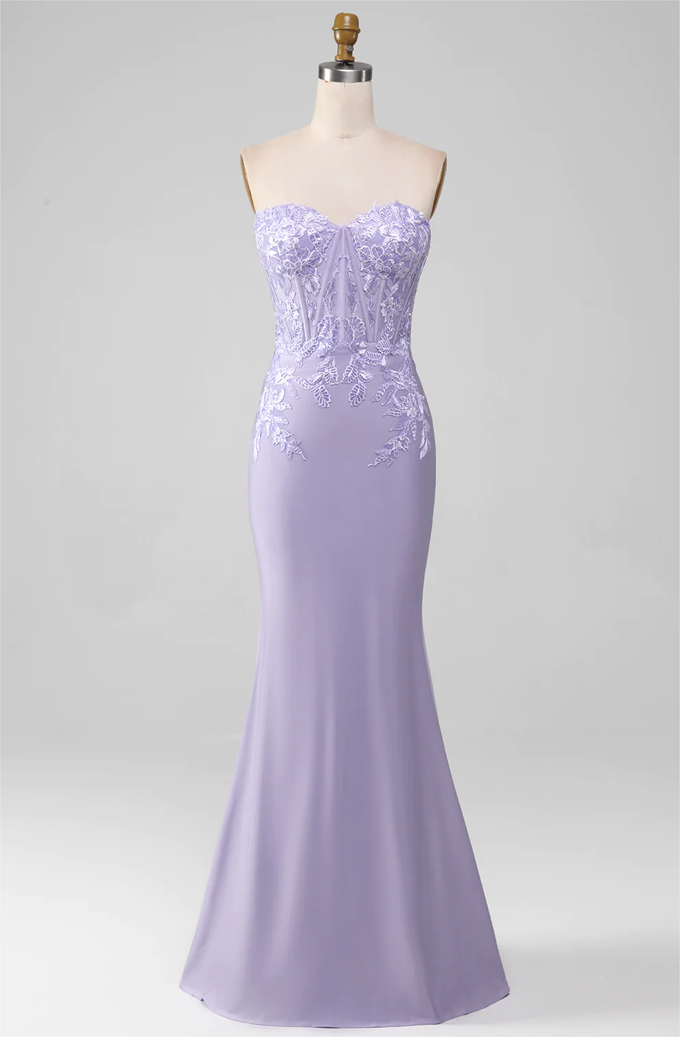 Prom Dress,lilac Sheath Strapless Corset Prom Dresses With Lace Appliques