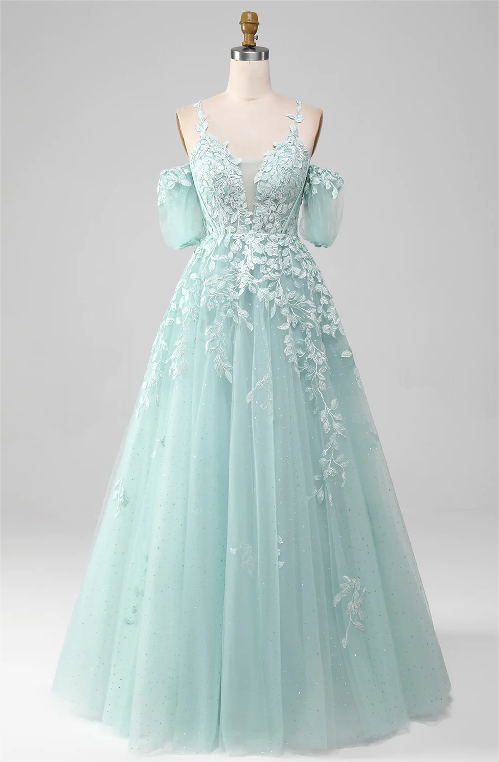 Prom Dress,mint Ball-gown Off The Shoulder Beaded Prom Dresses With Appliques