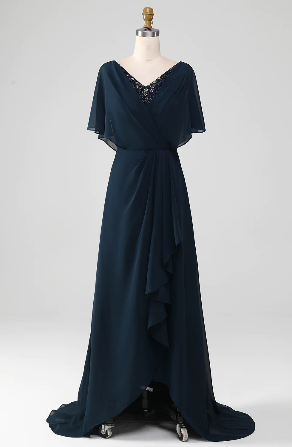 Prom Dress,navy A-line V-neck Asymmetrical Sequins Mother Of The Bride Dress With Beading