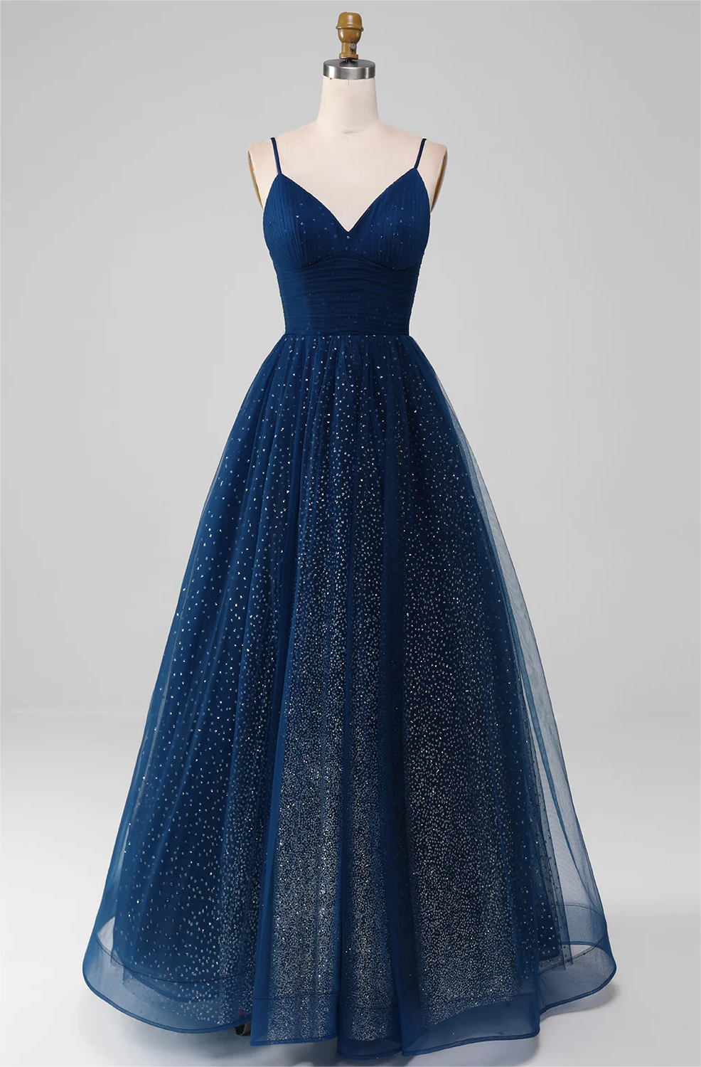 Prom Dress,navy Ball-gown V-neck Long Beaded Tulle Prom Dresses With Pleated