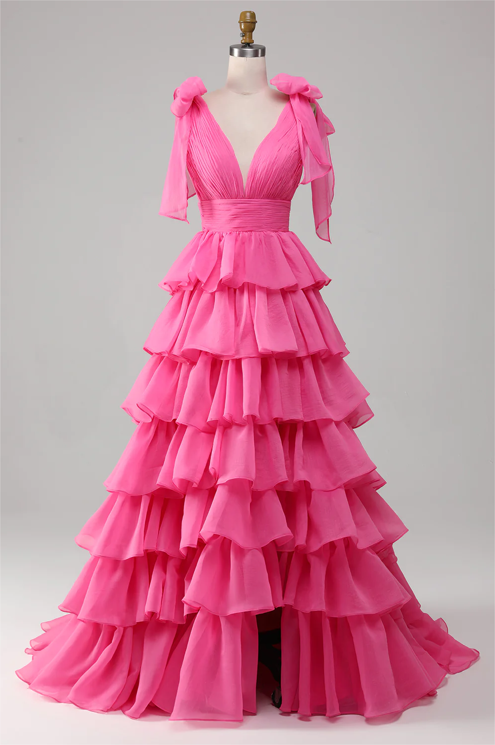 Sleeveless V Neck A-Line Prom Dress with Split - Fuchsia