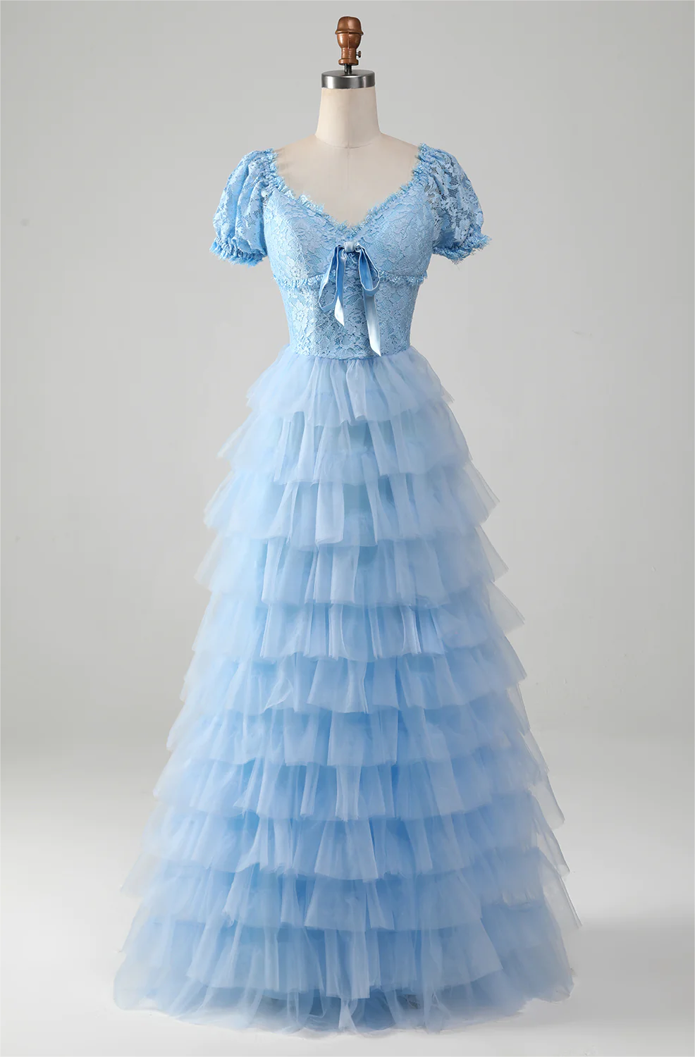 Prom Dress,tulle Sky Blue Tiered Prom Dress With Lace