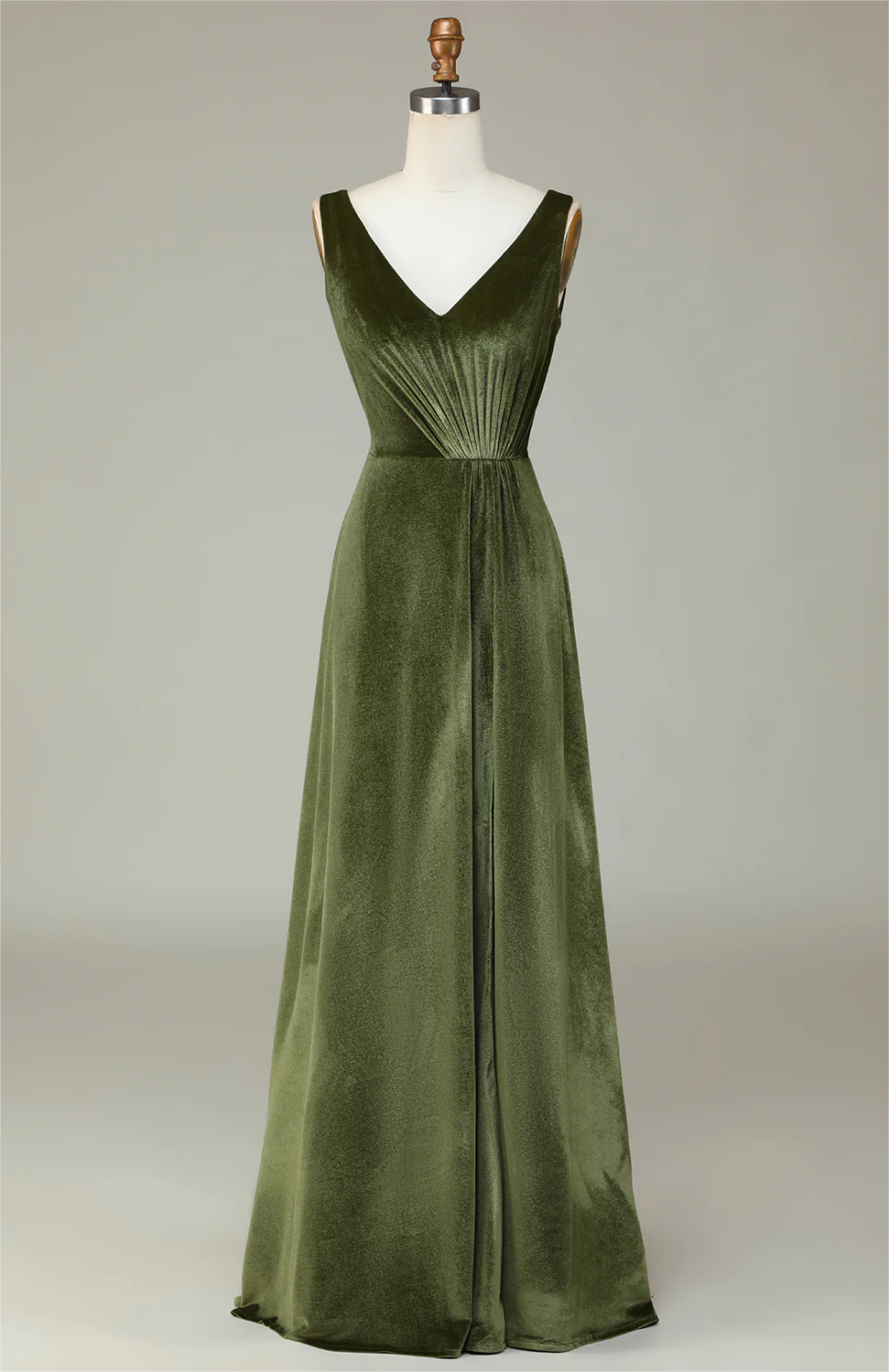 Prom Dress,v-neck Sleeveless Olive Velvet Bridesmaid Dress