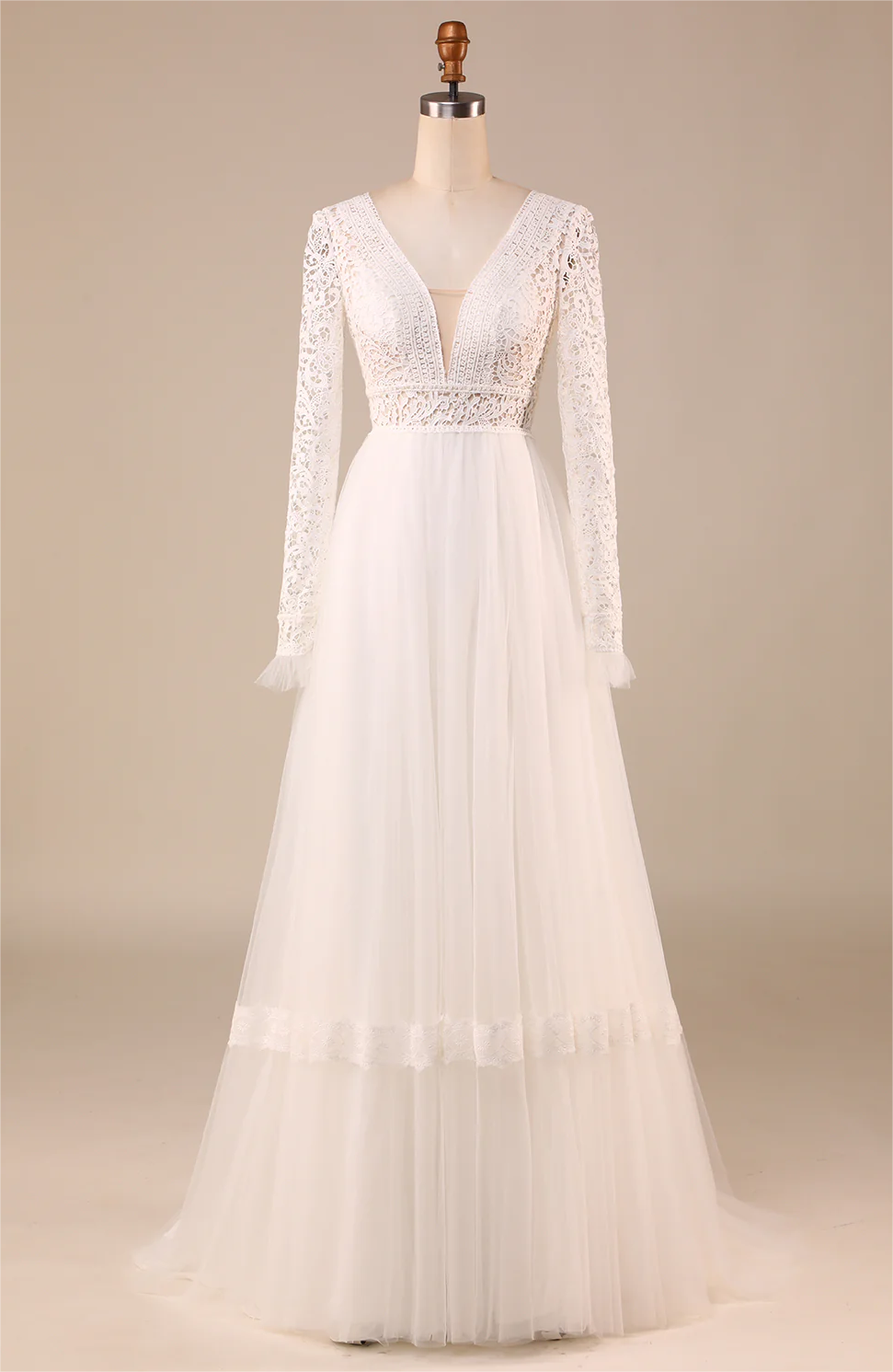 Prom Dress,ivory Long Sleeves Tulle A-line Wedding Dress With Lace