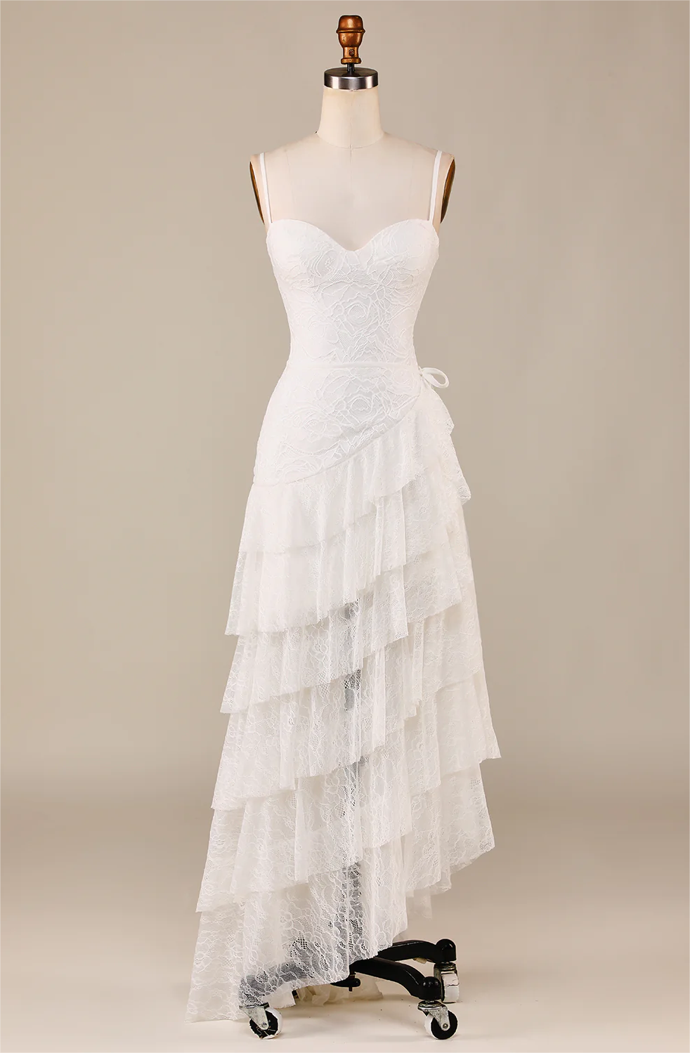 Prom Dress,sheath Spaghetti Straps Ivory Lace Asymmetrical Detachable Train Boho Wedding Dress