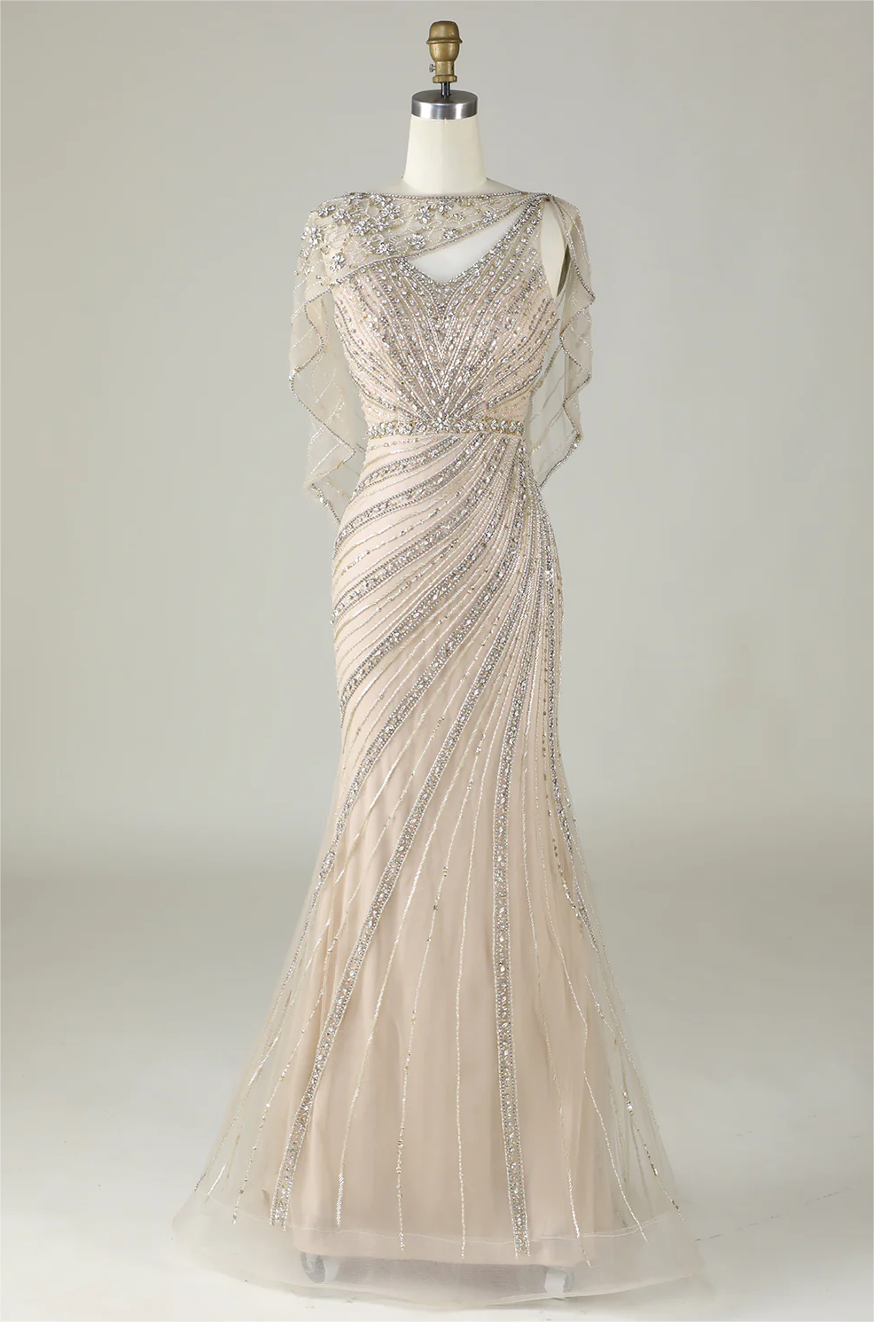 Prom Dress,sparkly Champagne Beaded Mermaid Long Prom Dress With Wrap