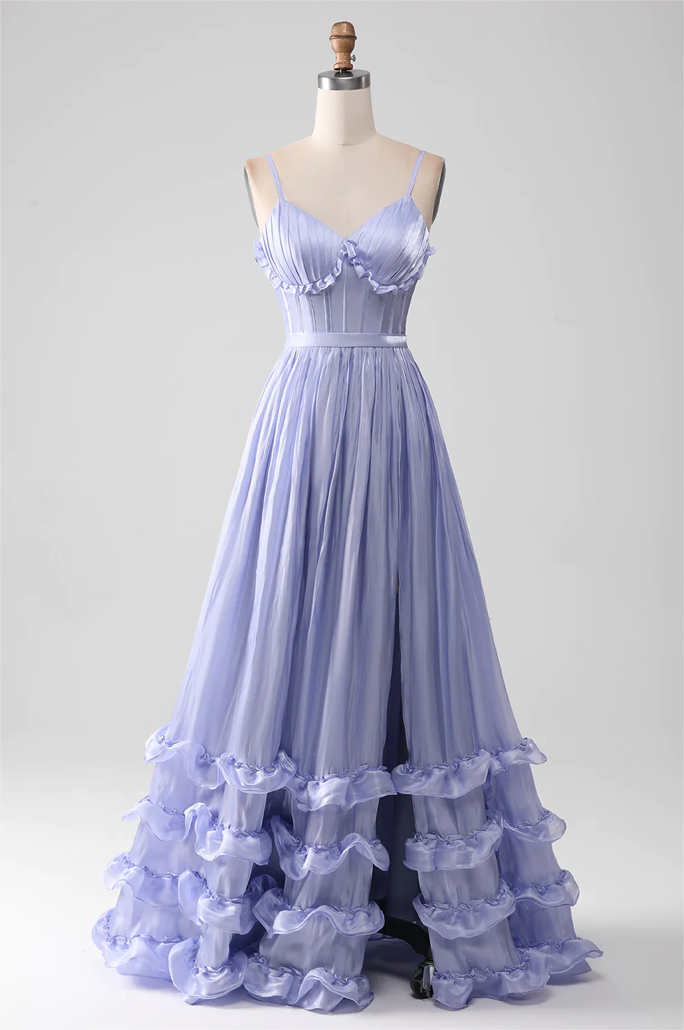Prom Dress,lavender Spaghetti Straps A Line Ruffles Prom Dress With Slit