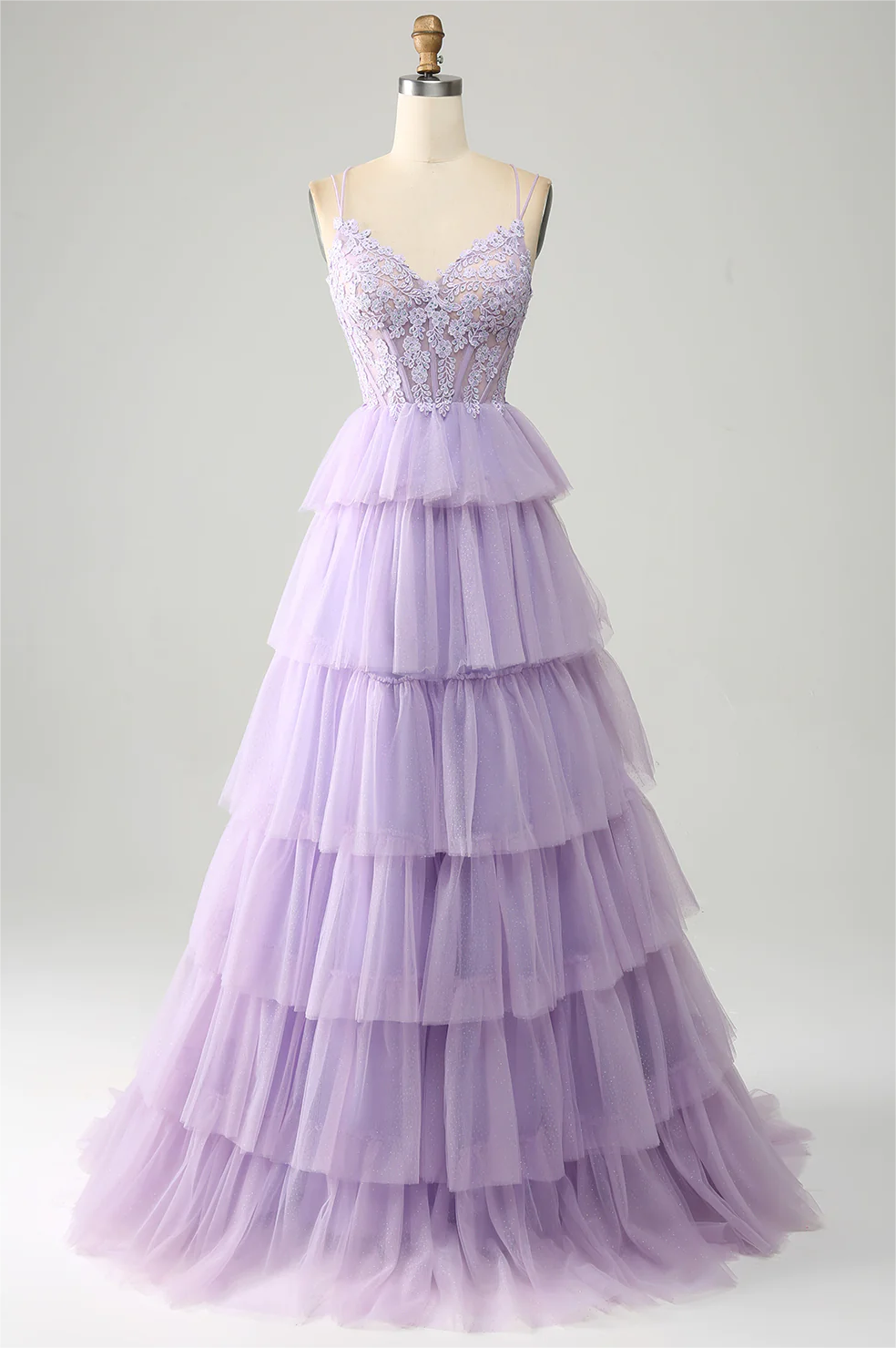 Prom Dress,lilac Tulle Tiered Princess Corset Prom Dress With Appliques