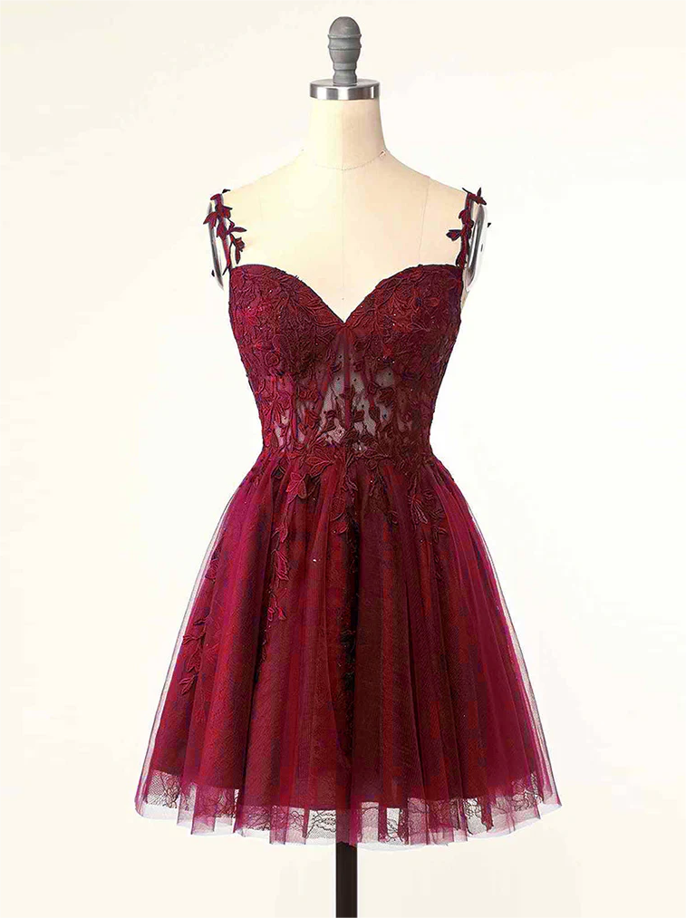 Homecoming Dresses,burgundy A-line Tulle Lace Short Prom Dress, Cute Burgundy Homecoming Dress