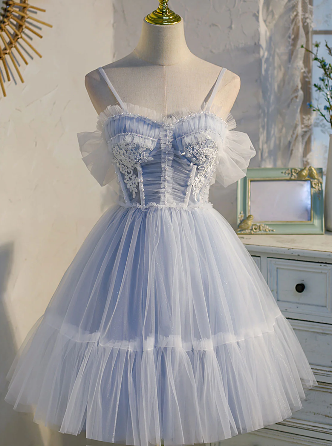 Homecoming Dresses,blue Sweetheart Neck Tulle Lace Short Prom Dress Blue Puffy Homecoming Dress