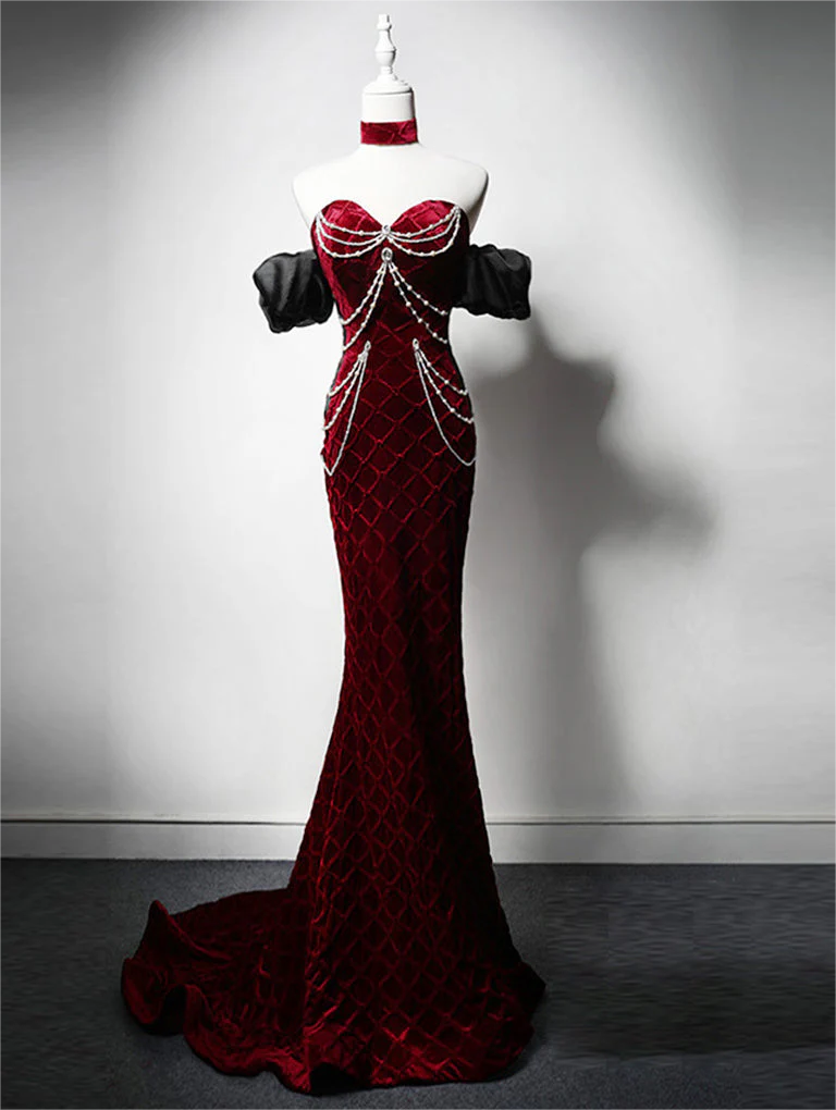 Prom Dress,mermaid Sweetheart Neck Velvet Burgundy Long Prom Dress With Beads