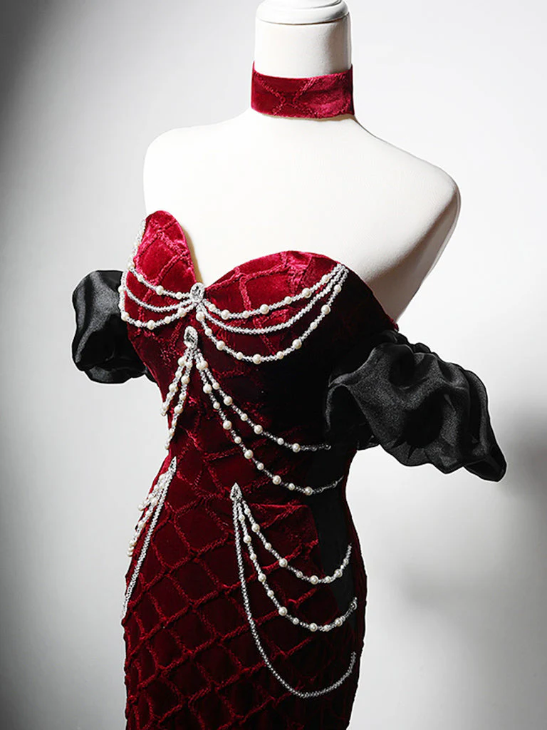 Long Burgundy Mermaid Lace Sweetheart Prom Dress With Sash main image 1