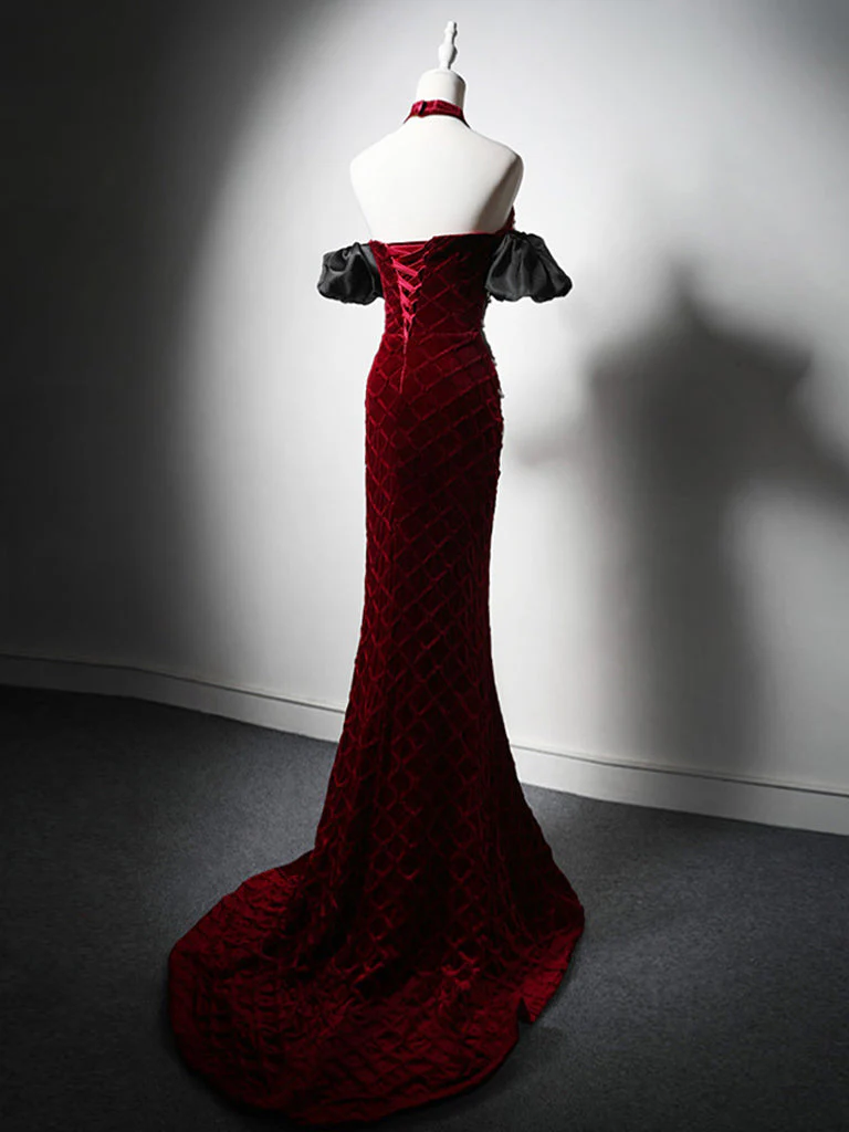 Sexy Long Mermaid Sweetheart Velvet Beading Formal Prom Dresses with Slit main image 0